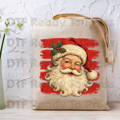 Vintage Winking Santa DTF Transfers, Retro Christmas Red Stripes Nostalgic Holiday Ready to Press