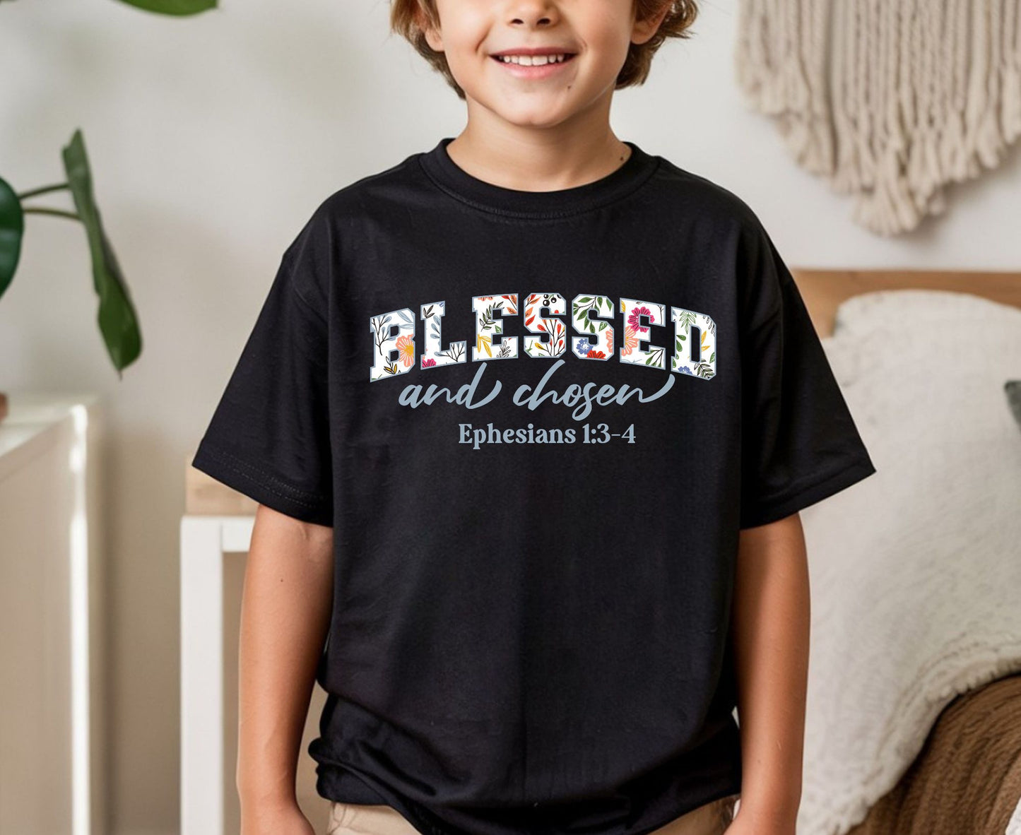 Blessed And Chosen T Shirt Ephesians 1:3-4 Christian Tee Floral Faith Shirt Adult Youth Toddler Baby Religious Gift Aesthetic Scripture Tee