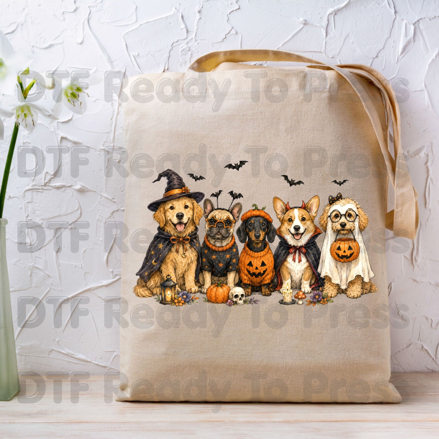 Halloween Dogs DTF Transfer Ready to Press Witch Ghost Devil Corgi Golden Retriever Heat Transfer For Shirts Spooky Dog Gang Full Color