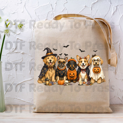 Halloween Dogs DTF Transfer Ready to Press Witch Ghost Devil Corgi Golden Retriever Heat Transfer For Shirts Spooky Dog Gang Full Color