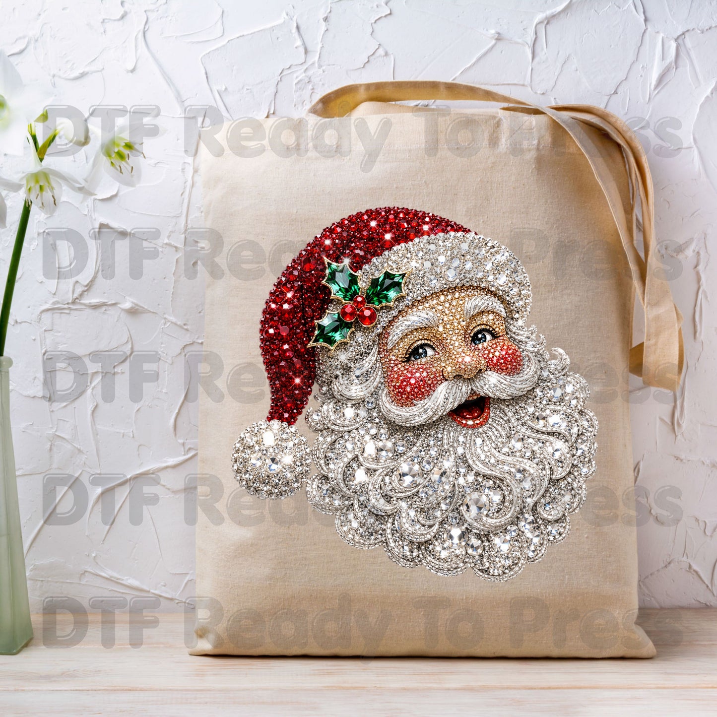 Christmas Santa Claus DTF Transfers, Vintage Bejeweled Rhinestone Santa Head Festive Holiday Ready to Press