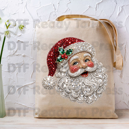 Christmas Santa Claus DTF Transfers, Vintage Bejeweled Rhinestone Santa Head Festive Holiday Ready to Press