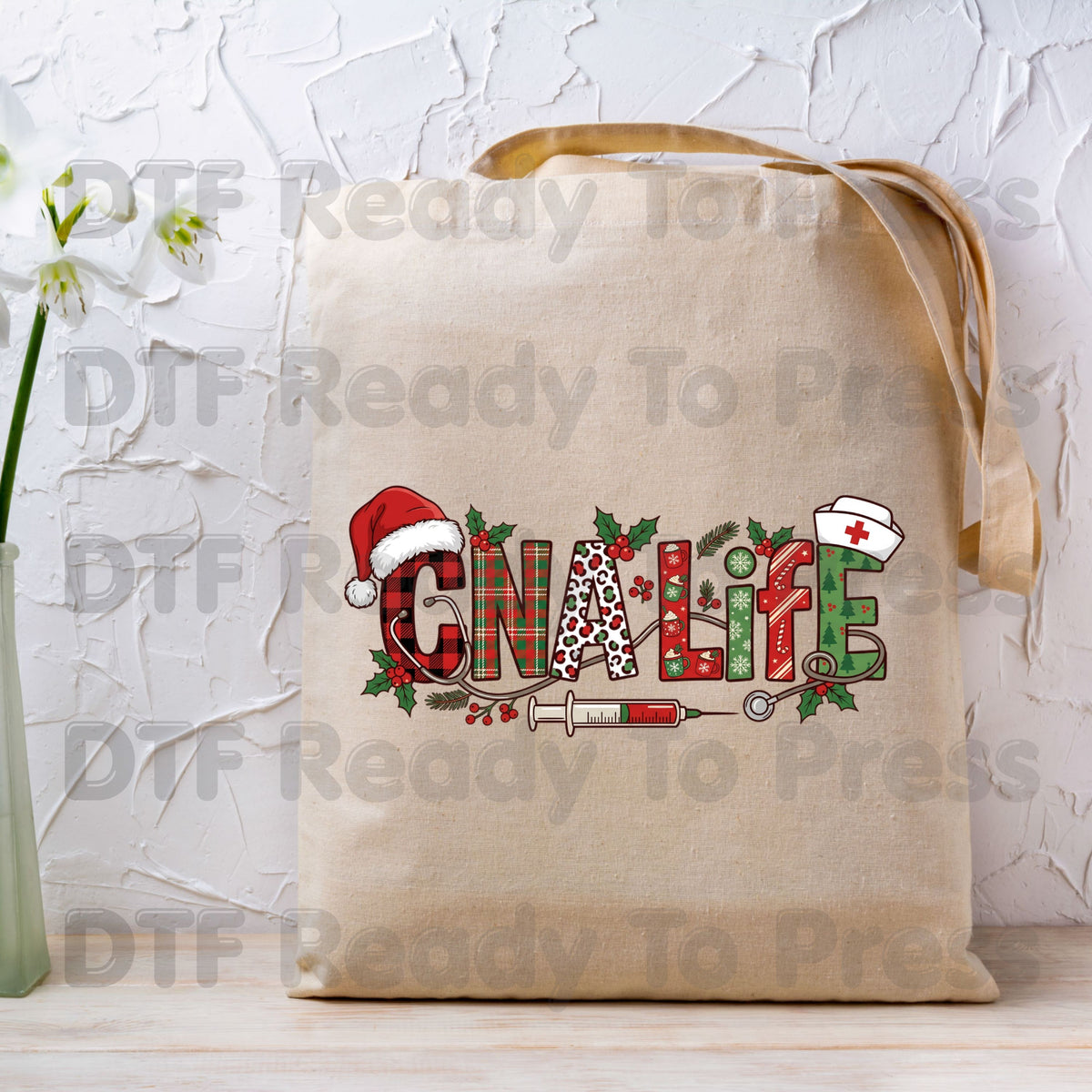 Christmas GNA Life DTF Transfers, Nursing Medical Plaid Leopard Stethoscope Holiday Ready to Press