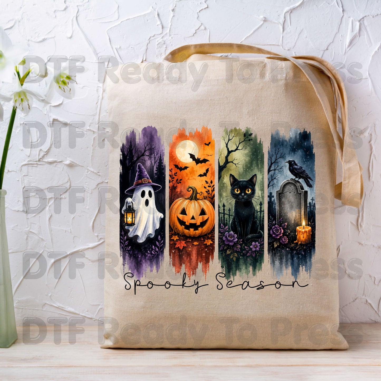 Halloween Spooky Season DTF Transfers, Brushstroke Ghost Pumpkin Black Cat Crow Tombstone Ready to Press