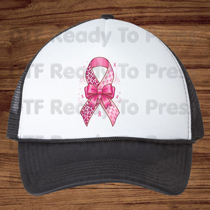 Leopard Pink Ribbon Bow Breast Cancer Awareness DTF Transfer Ready to Press Heat Transfer Tee