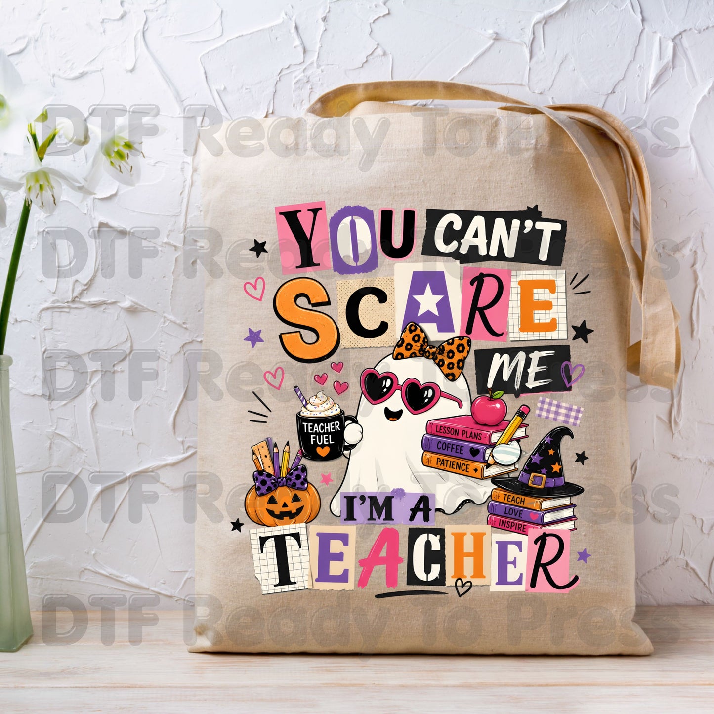 You Can't Scare Me Teacher DTF Transfers, Halloween Ghost Books Coffee Ready to Press