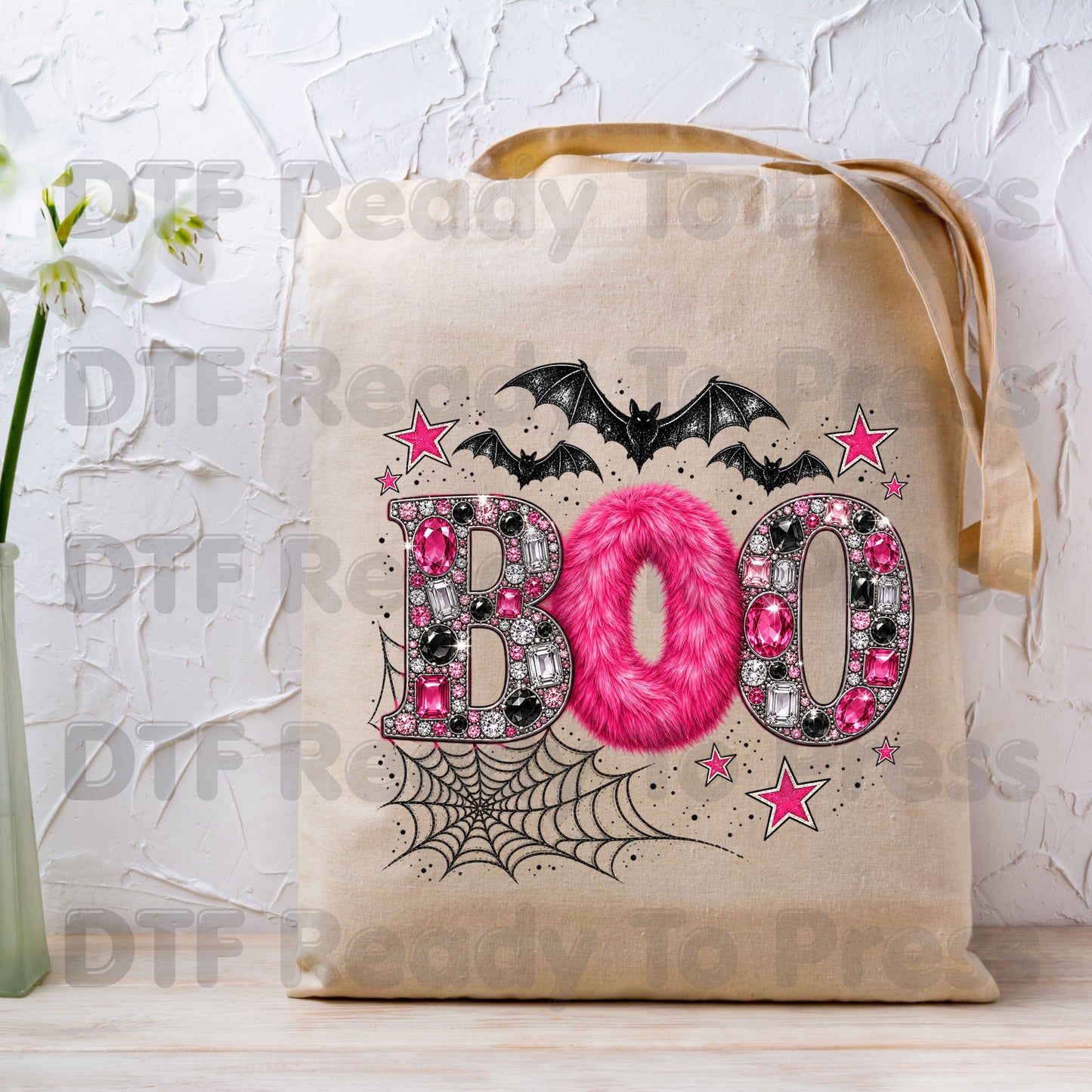 Boo Pink Glitter Bats DTF Transfers, Halloween Spider Web Sparkle Ready to Press