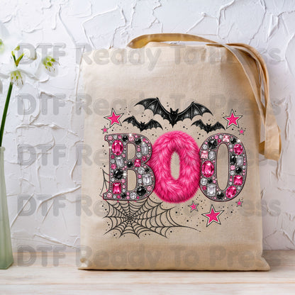 Boo Pink Glitter Bats DTF Transfers, Halloween Spider Web Sparkle Ready to Press