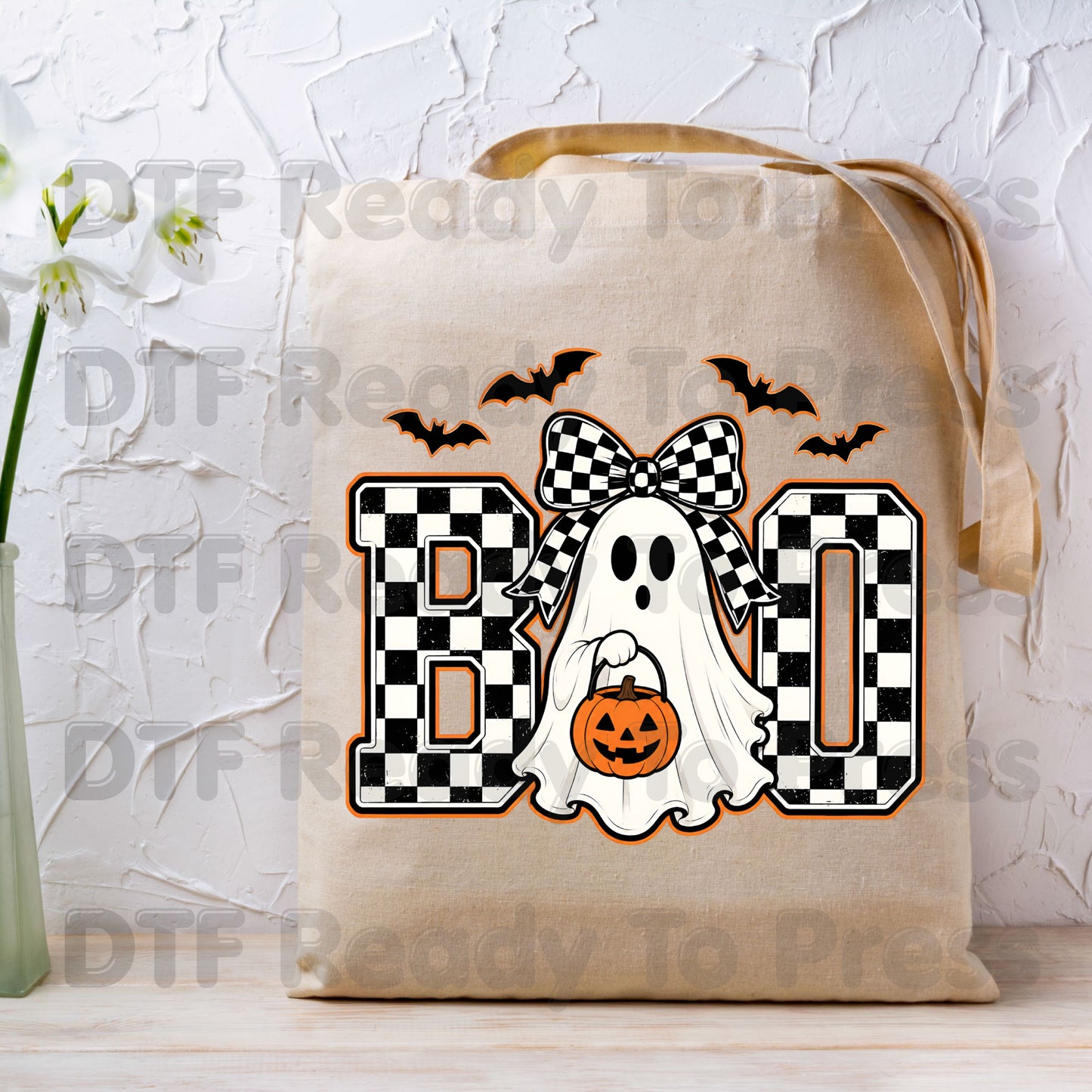 Boo Checkered Bow Ghost DTF Transfers, Halloween Pumpkin Bucket Bats Retro Ready to Press