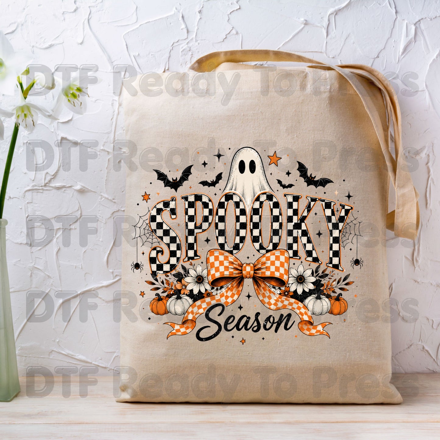 Halloween Spooky Season DTF Transfers, Checkered Bow Cute Ghost Bats Orange Plaid Pumpkins Ready to Press