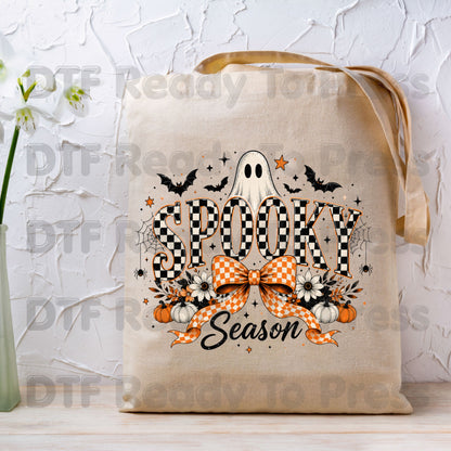 Halloween Spooky Season DTF Transfers, Checkered Bow Cute Ghost Bats Orange Plaid Pumpkins Ready to Press