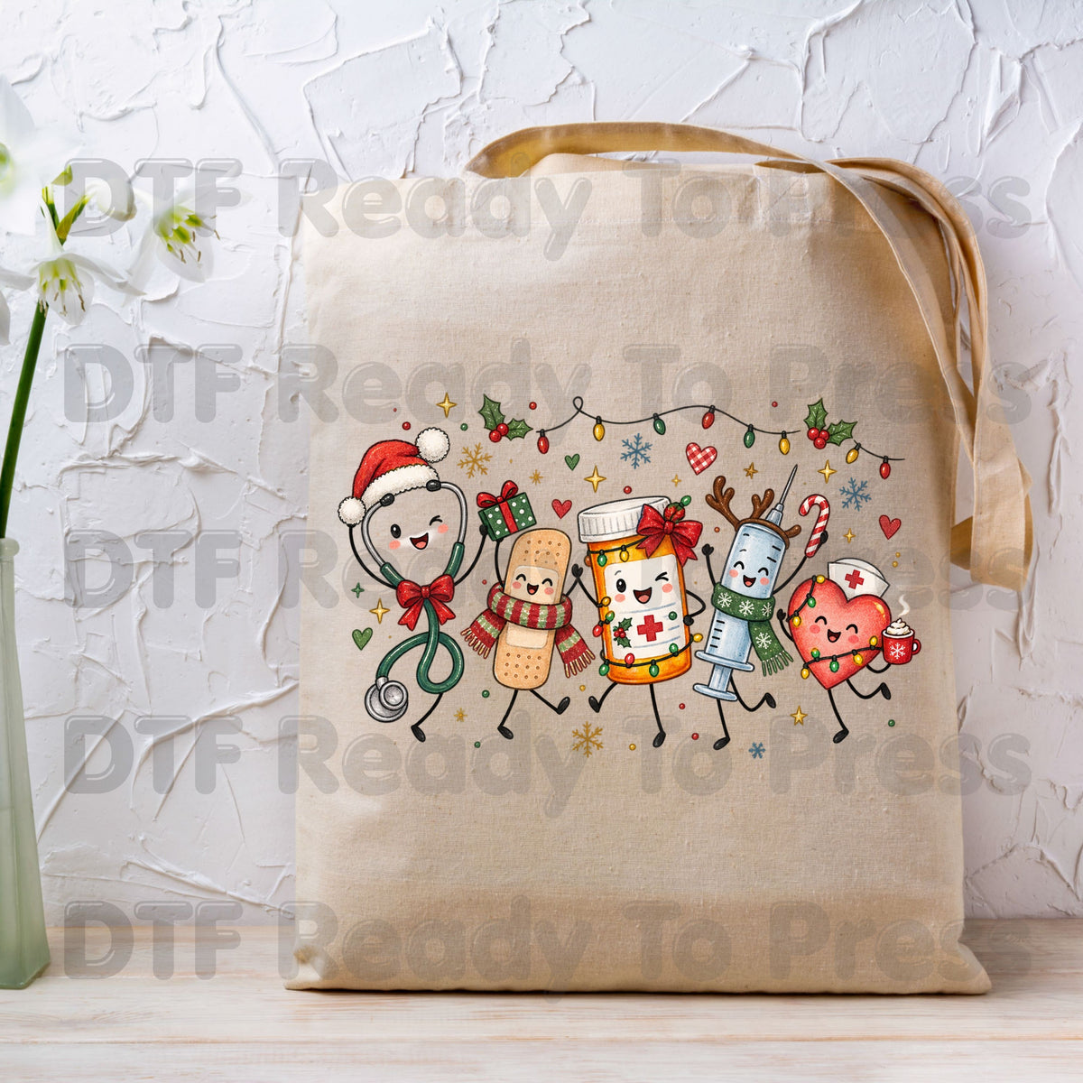 Christmas Nurse Squad DTF Transfers, Holiday Medical Syringe Pill Bottle Stethoscope Ready to Press
