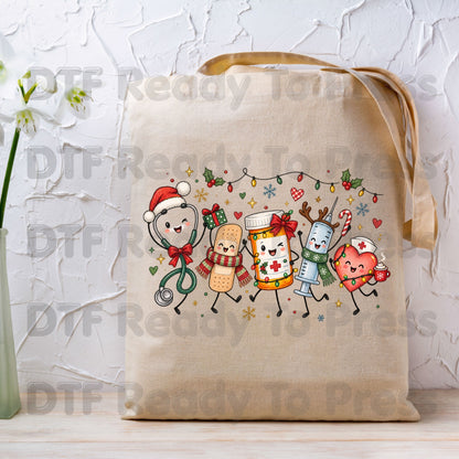 Christmas Nurse Squad DTF Transfers, Holiday Medical Syringe Pill Bottle Stethoscope Ready to Press