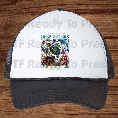 Bible verse Christian Heat Transfer When You Pass Through Deep Waters I Will Be With You DTF Transfer Ready to Press Isaiah 43:2 Ocean Sea Turtle Dolphin Tee