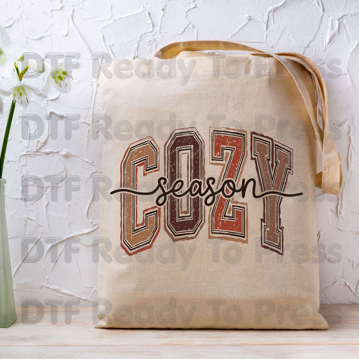 Cozy Season DTF Transfers, Distressed Varsity Letters Autumn Fall Neutral Tones Ready to Press