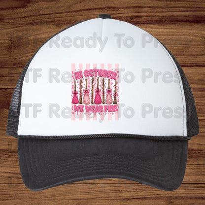 In October We Wear Pink Witch Brooms Breast Cancer Awareness DTF Transfer Ready to Press Heat Transfer Tee