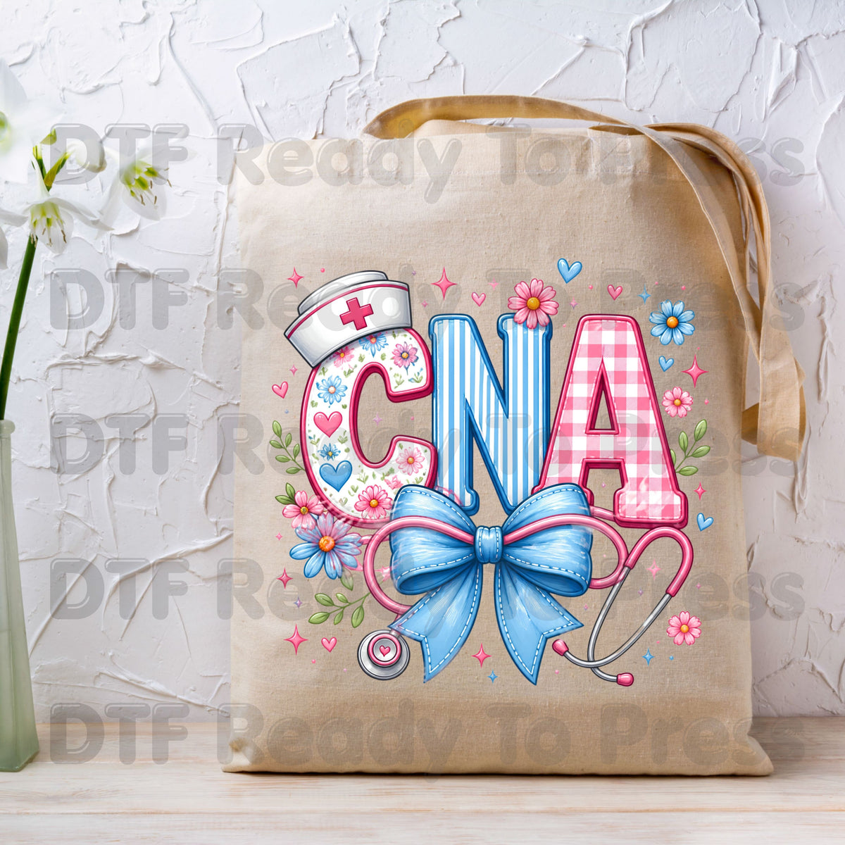 CNA Floral Bow DTF Transfers, Coquette Nurse Stethoscope Pink Blue Medical Graphic Ready to Press
