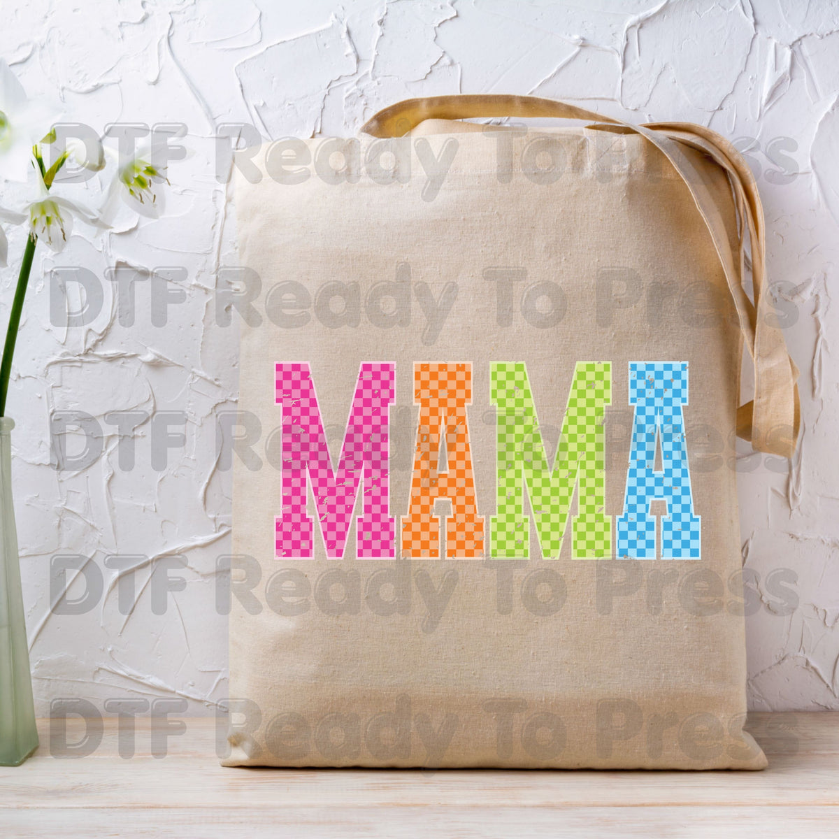 Mama DTF Transfers, Colorful Checkered Retro Distressed Mama Ready to Press