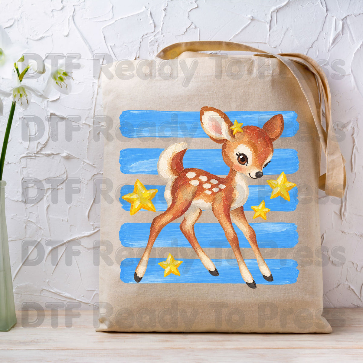 Vintage Baby Deer DTF Transfers, Fawn Stars Blue Stripes Cute Christmas Holiday Ready to Press