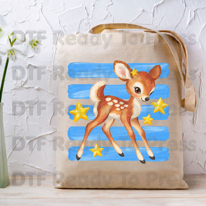 Vintage Baby Deer DTF Transfers, Fawn Stars Blue Stripes Cute Christmas Holiday Ready to Press
