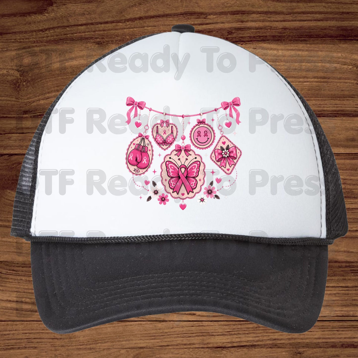 Pink Ribbon Breast Cancer Awareness Charms DTF Transfer Ready to Press Heat Transfer Butterfly Bow Tee
