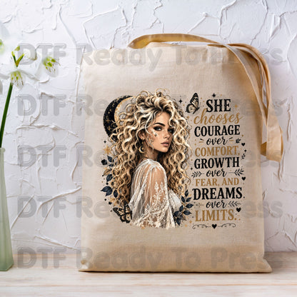 She Chooses Courage DTF Transfers, Blonde Woman Crescent Moon Butterfly Inspirational Ready to Press