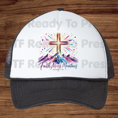 Faith Moves Mountains Religious DTF Transfer Ready to Press Christian Heat Transfer for Shirts Colorful Mountains Cross Matthew 17:20 Tee