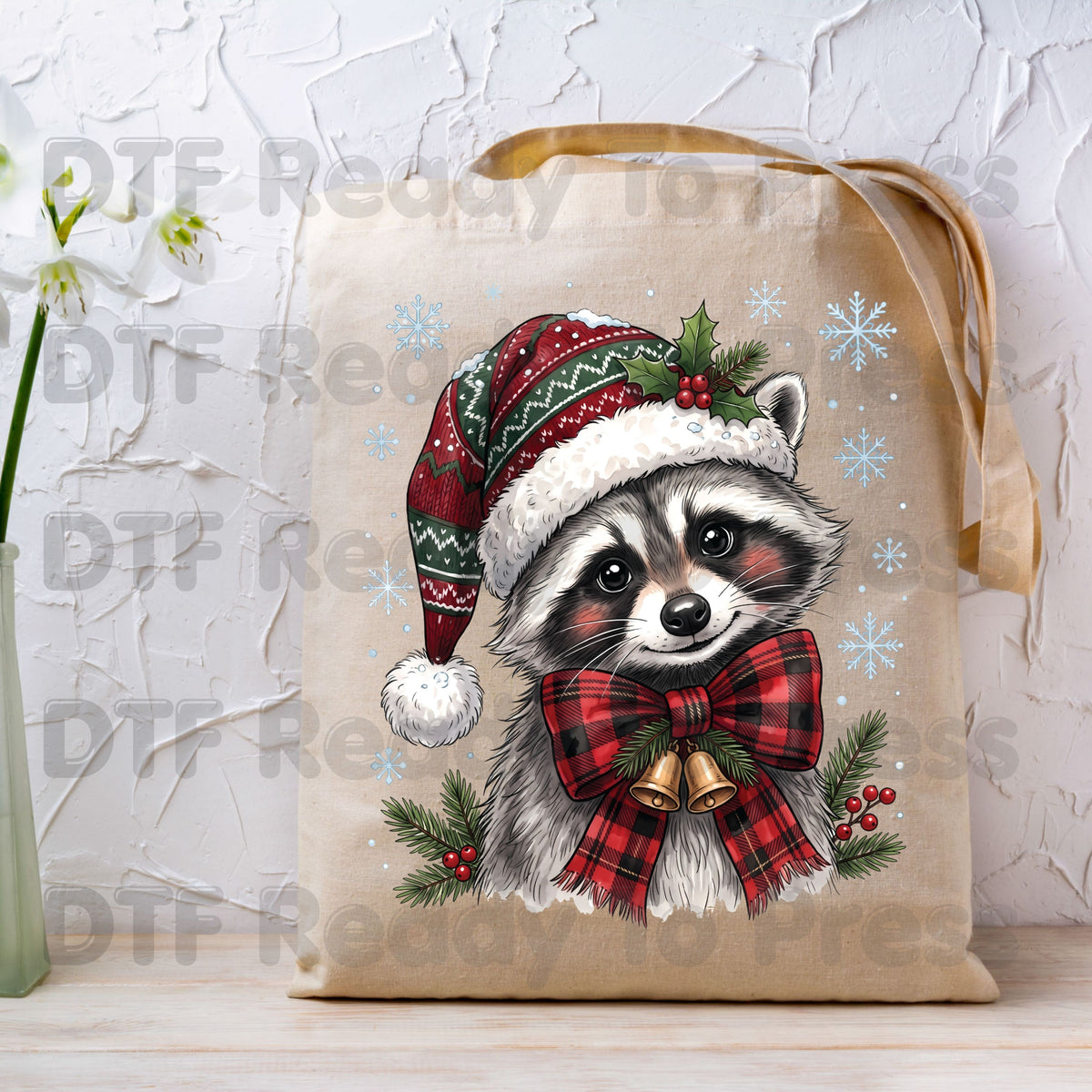 Christmas DTF Transfer, Raccoon Santa Hat, Buffalo Plaid Bow and Bells Graphic