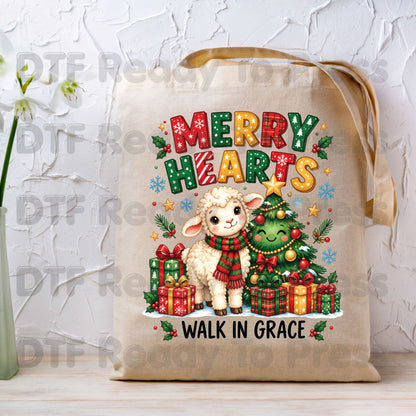 Christmas DTF Transfer, Walk in Grace Lamb, Merry Hearts Christmas Tree