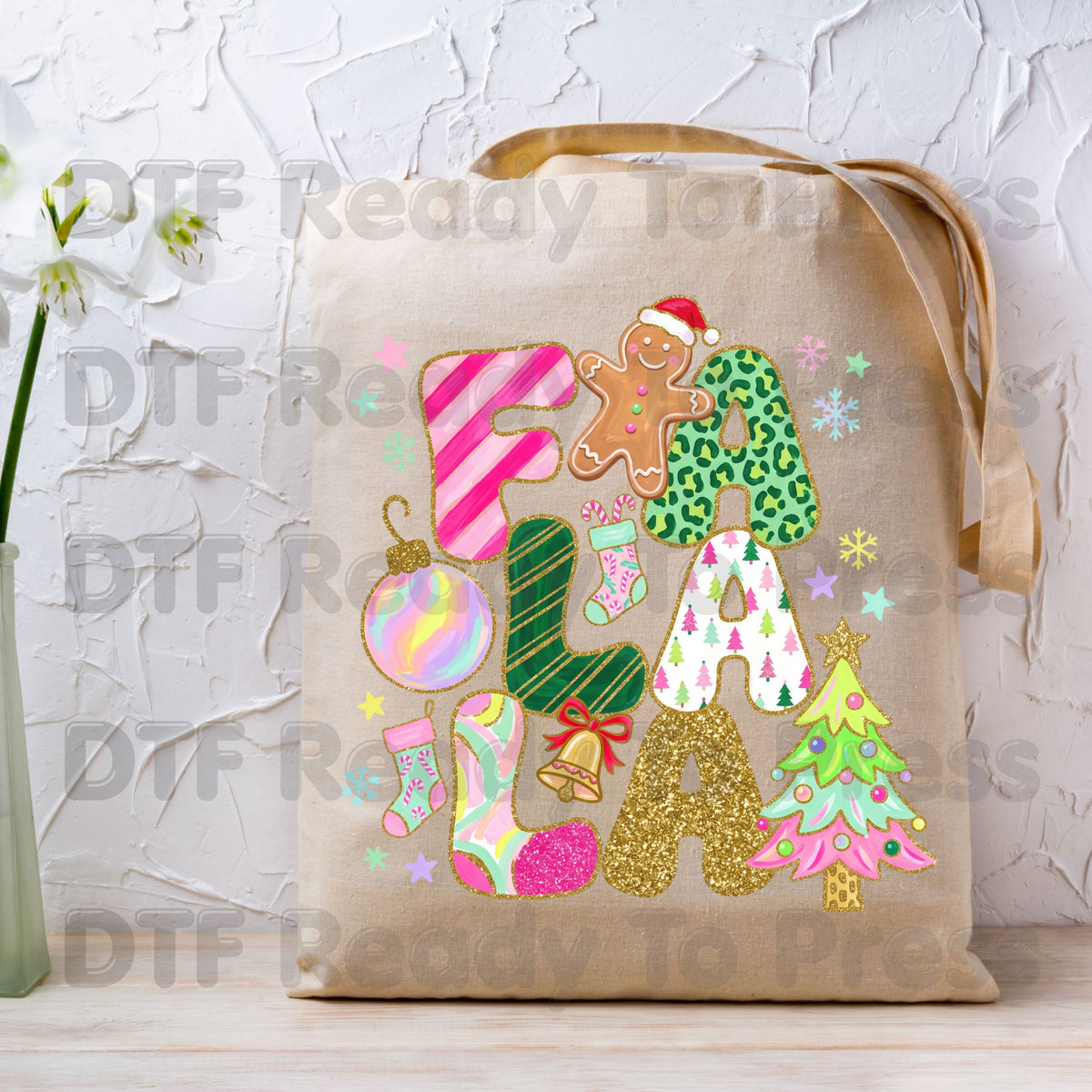 Fa La La Gingerbread Christmas DTF Transfers, Colorful Pink Christmas Tree Holiday Ready to Press
