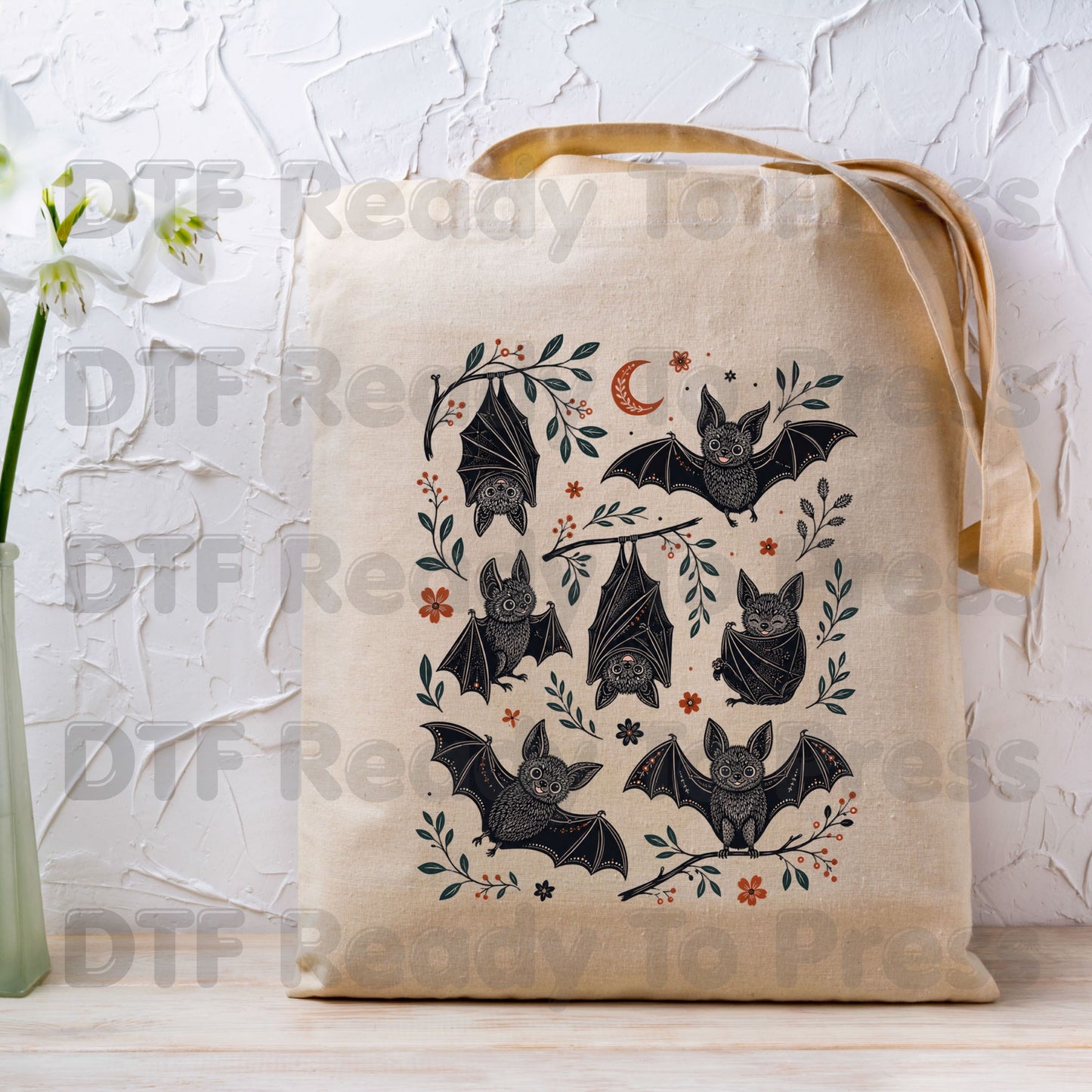 Vintage Halloween Bats DTF Transfers, Floral Botanical Flying Bats Crescent Moon Spooky Season Ready to Press