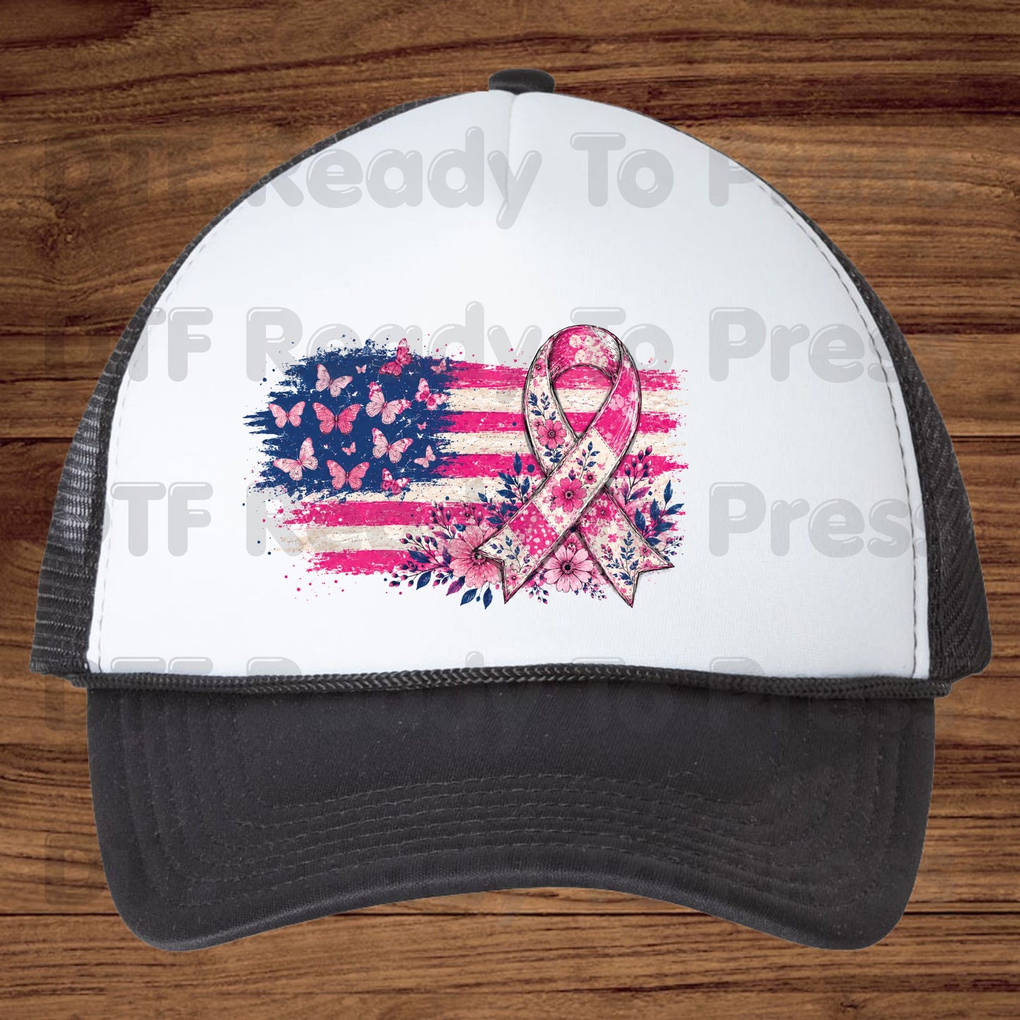 American Flag Pink Ribbon Butterfly Breast Cancer Awareness DTF Transfer Ready to Press Heat Transfer Tee