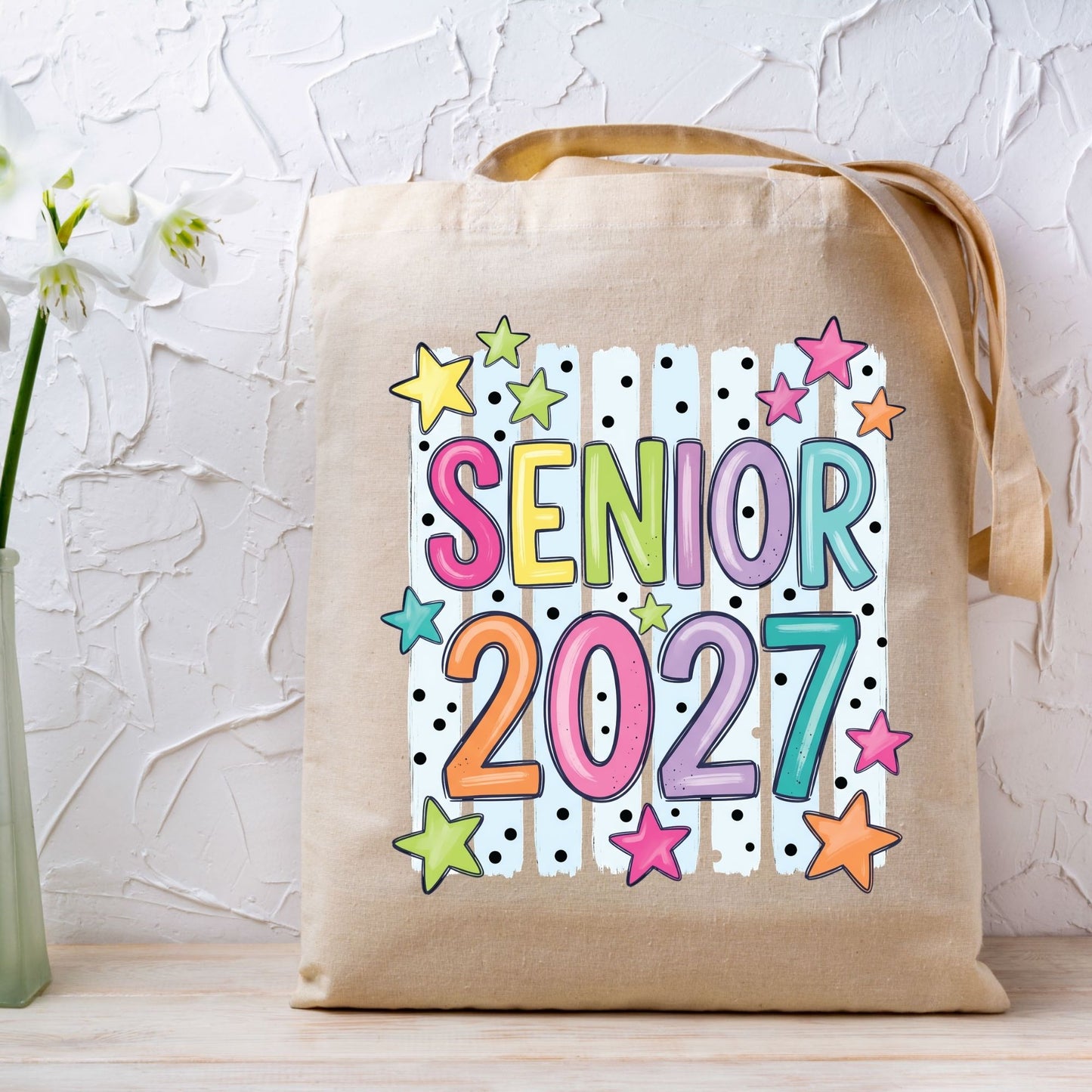 Senior 2027 DTF Transfer Ready to Press Graduation Heat Transfer for Shirts Colorful Pastels Bubble Letters Stars Stripes Tee