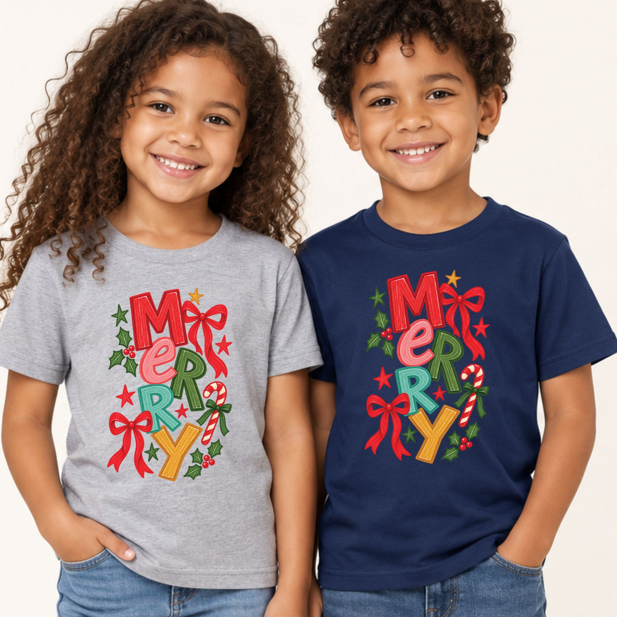 Merry Christmas T-Shirt, Colorful Lettering Red Bow Tee, Candy Cane Holiday Sweatshirt