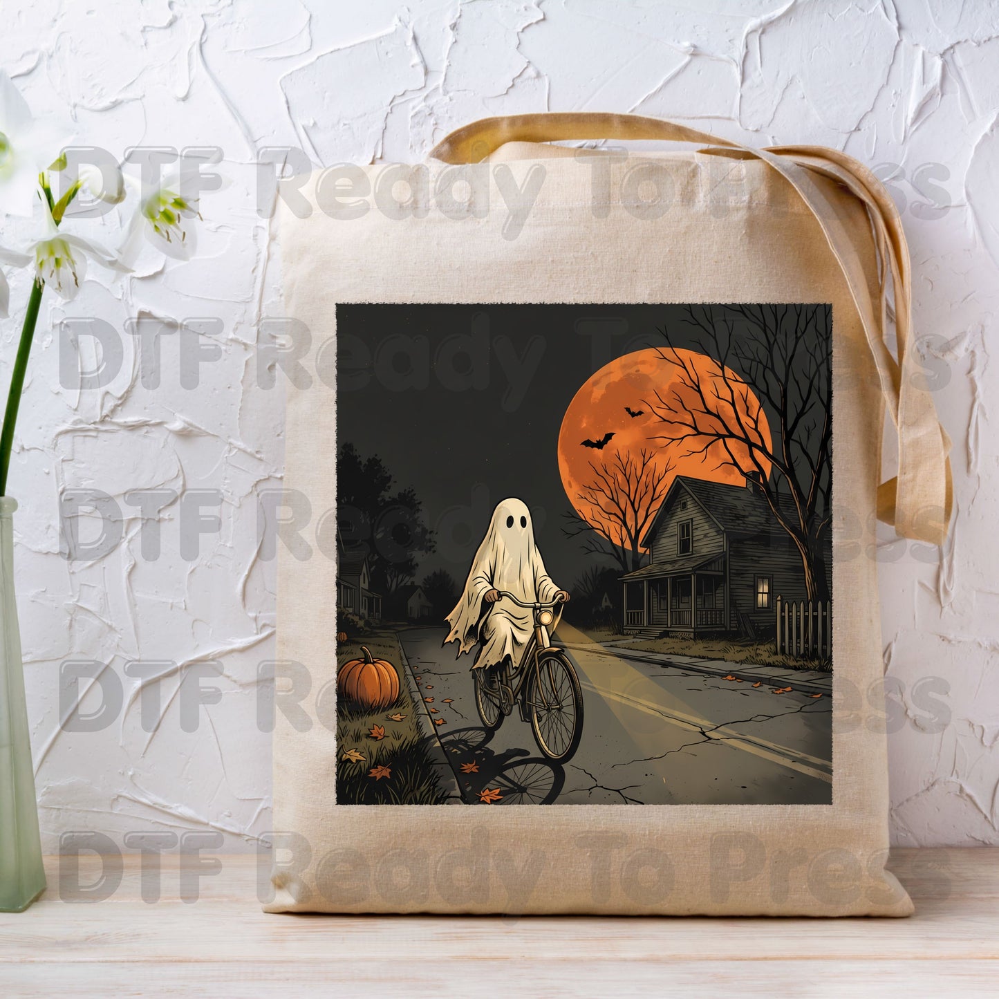 Ghost Riding Bike DTF Transfers, Orange Harvest Moon Haunted House Halloween Ready to Press