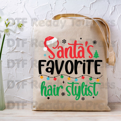 Santa's Favorite Hairstylist DTF Transfers, Christmas Salon Holiday Lights Santa Hat Ready to Press