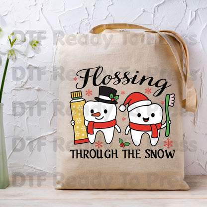 Flossing Through the Snow DTF Transfers, Christmas Dental Dentist Tooth Snowman Holiday Ready to Press