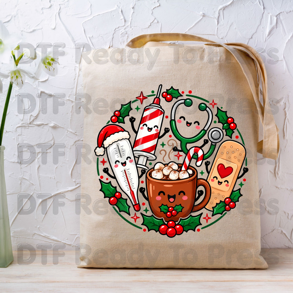 Christmas Medical Nurse DTF Transfers, Holiday Cocoa Thermometer Syringe Nurse Ready to Press