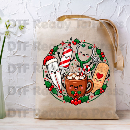 Christmas Medical Nurse DTF Transfers, Holiday Cocoa Thermometer Syringe Nurse Ready to Press