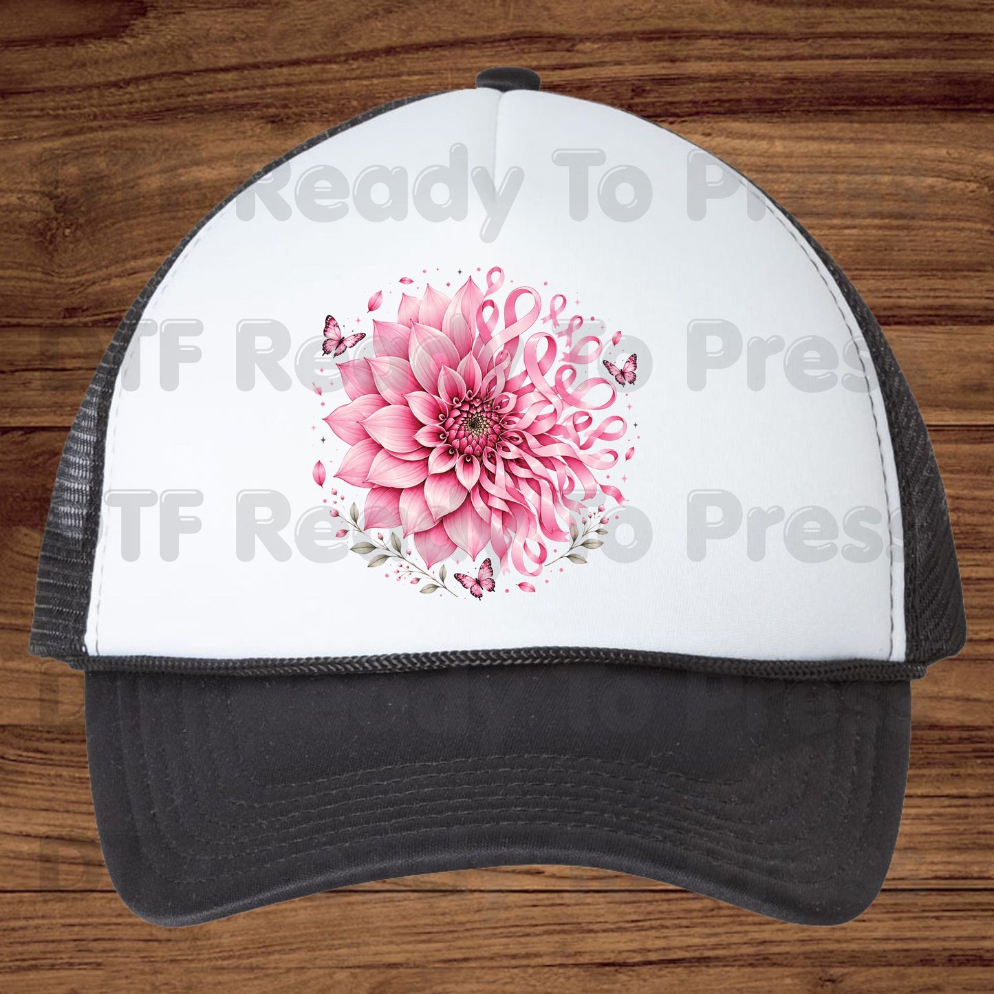 Pink Dahlia Butterfly Ribbon Breast Cancer Awareness DTF Transfer Ready to Press Heat Transfer Tee