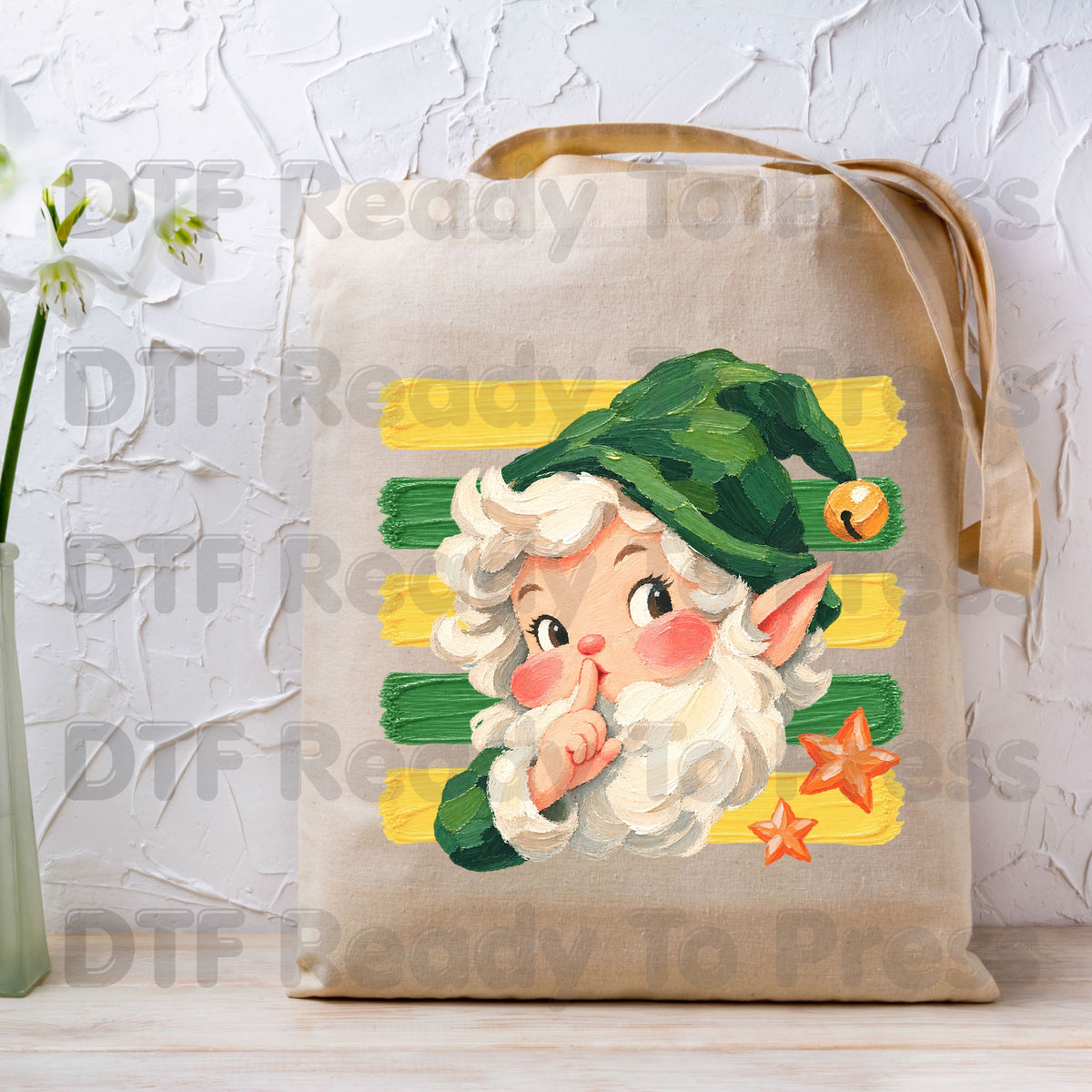 Vintage Shushing Gnome DTF Transfers, Elf Yellow Green Stripes Cute Christmas Holiday Ready to Press