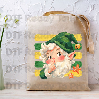 Vintage Shushing Gnome DTF Transfers, Elf Yellow Green Stripes Cute Christmas Holiday Ready to Press