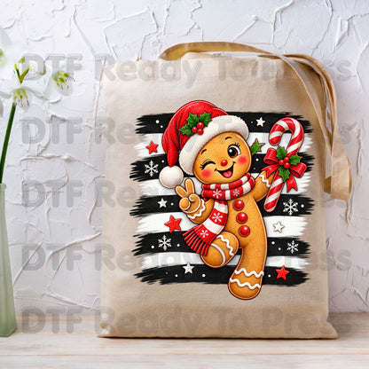 Gingerbread Man DTF Transfers, Candy Cane Santa Hat Black White Stripes Cute Christmas Ready to Press