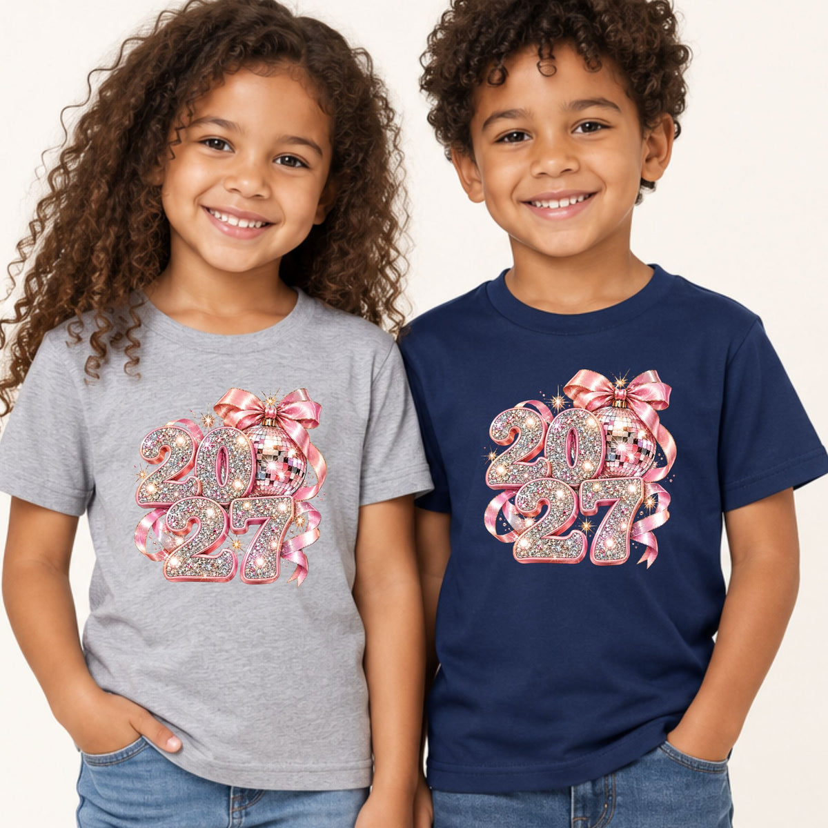 New Year 2027 T-Shirt, Pink Glitter Disco Ball Bow Tee, Sparkly Party Sweatshirt