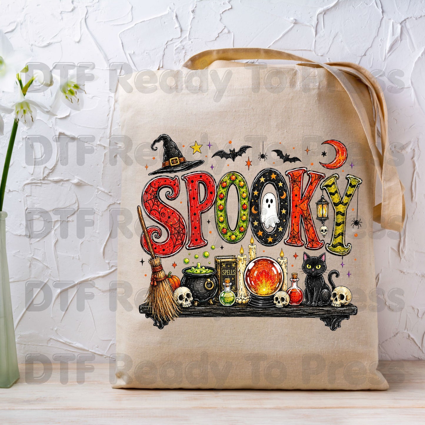 Halloween Spooky Witch Shelf DTF Transfers, Black Cat Crystal Ball Cauldron Potion Skull Ready to Press