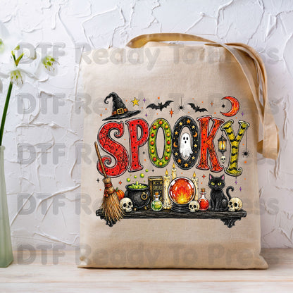 Halloween Spooky Witch Shelf DTF Transfers, Black Cat Crystal Ball Cauldron Potion Skull Ready to Press