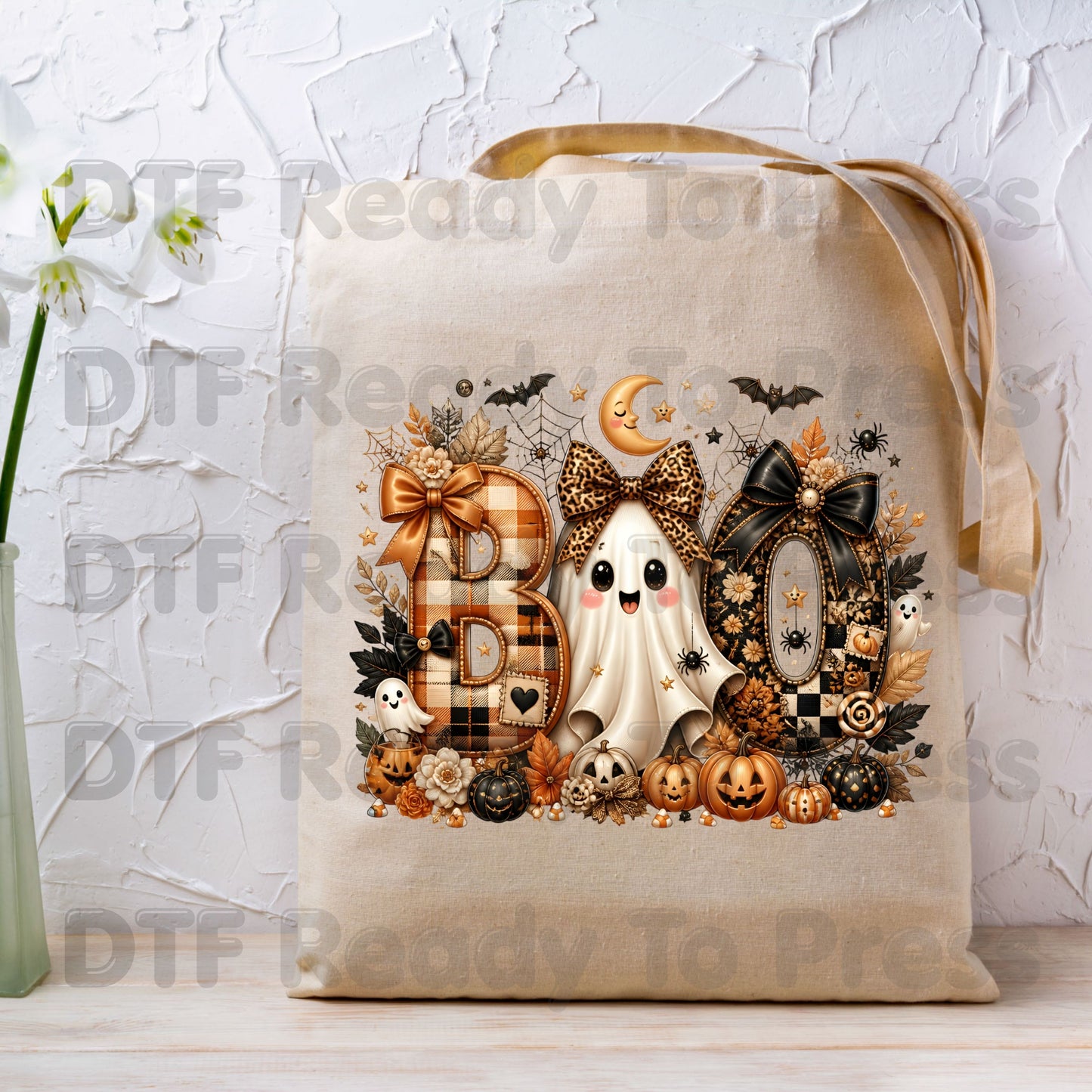 Halloween Boo Ghost DTF Transfers, Cute Bows Orange Plaid Leopard Spooky Season Ready to Press