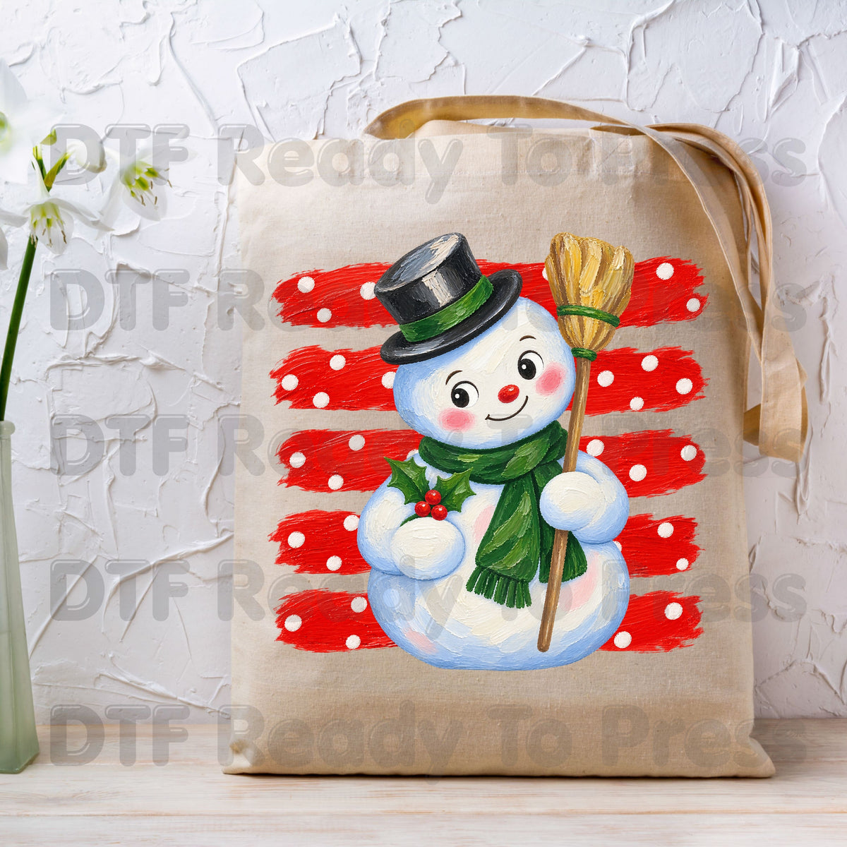 Vintage Snowman DTF Transfers, Top Hat Broom Red Polka Dot Christmas Holiday Ready to Press