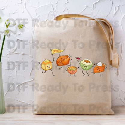 Thanksgiving DTF Transfers, Dancing Turkey Food Parade Pumpkin Pie Funny Fall Ready to Press