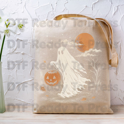 Vintage Halloween Ghost DTF Transfers, Jack O Lantern Full Moon Sepia Neutral Tones Spooky Fall Ready to Press